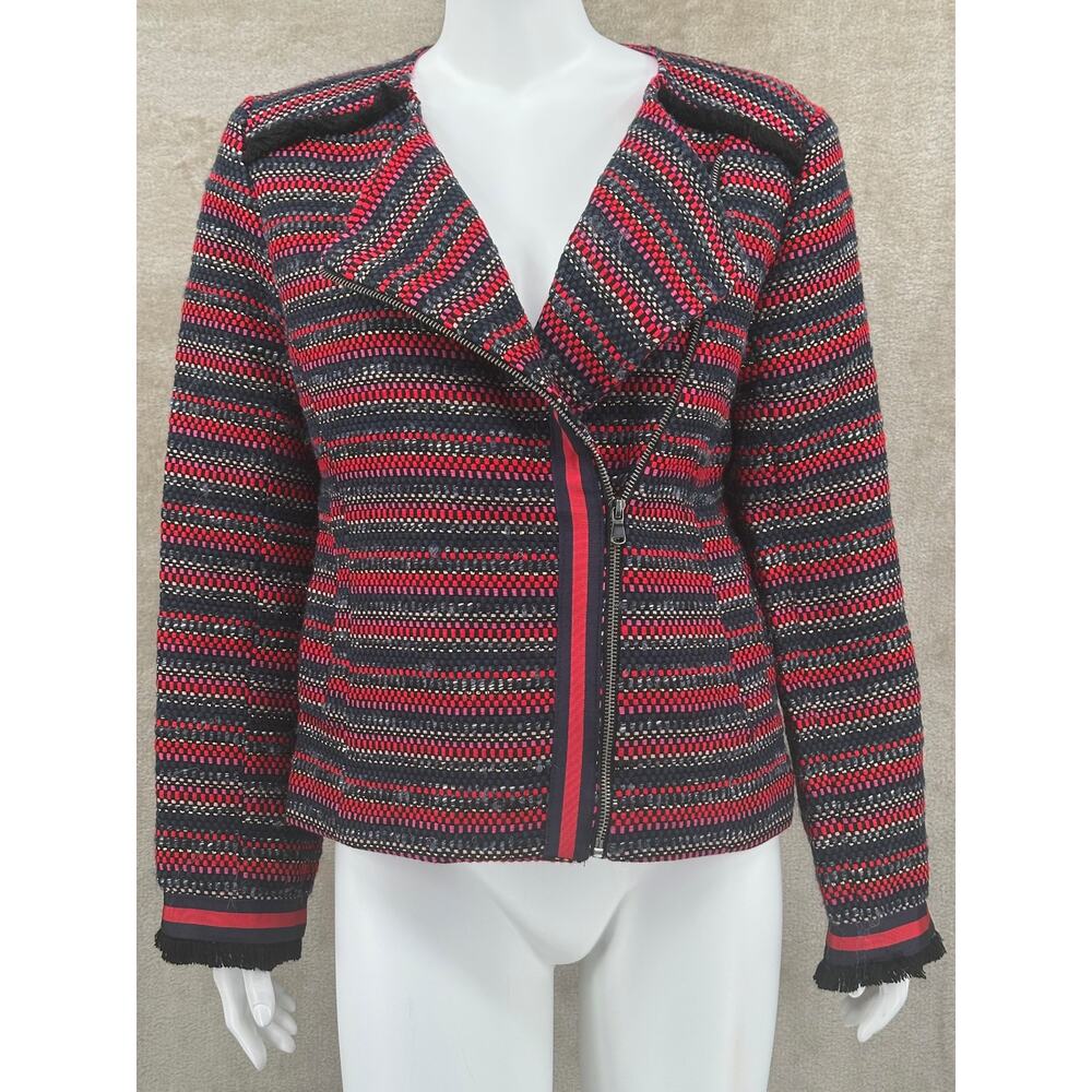 Trina Turk Jacket Womens 10 Red Multi Metallic Yamato Asymmetrical Zip Blazer
